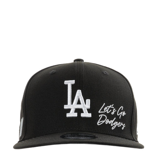 Black baseball cap with white LA logo and 'Let's Go Dodgers' script on front