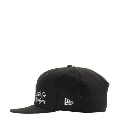 Black baseball cap with small 'Let's Go Dodgers' text and New Era flag