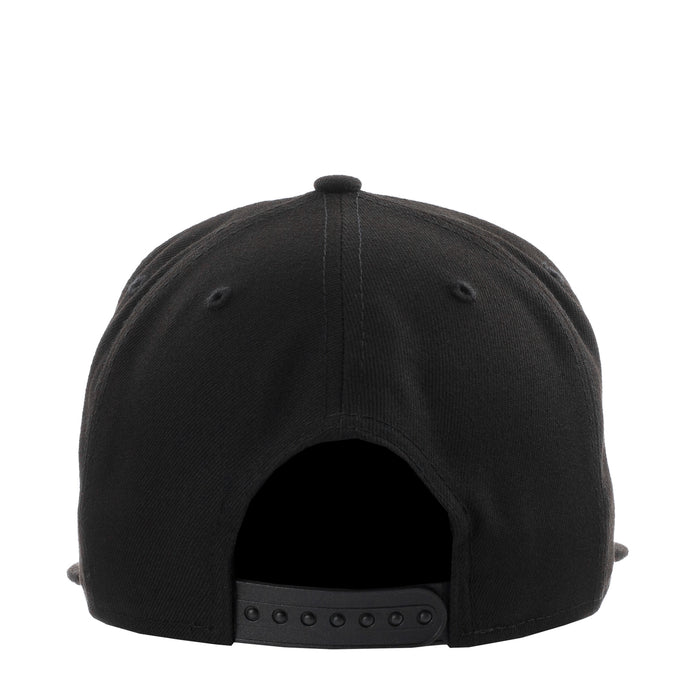 Black baseball cap back view with adjustable snapback strap and ventilation eyelets