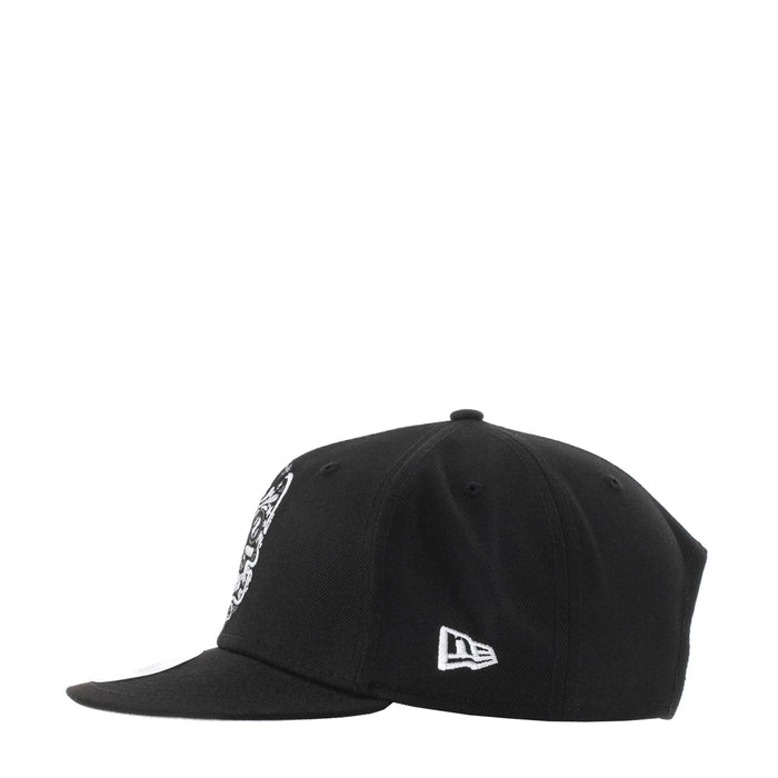 Black baseball cap with New Era logo and white chain embroidery on side