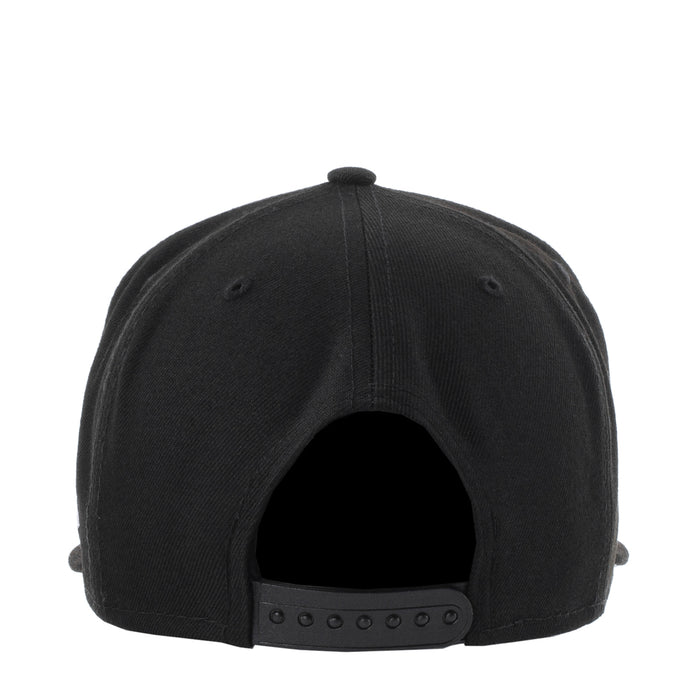 Black baseball cap back view with adjustable strap and ventilation eyelets