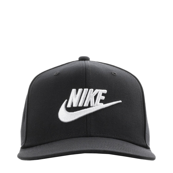 Black Nike snapback cap with white Swoosh logo