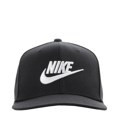 Black Nike snapback cap with white Swoosh logo
