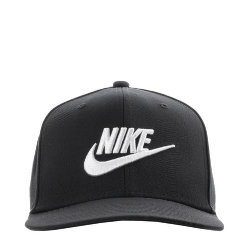 Black Nike snapback cap with white Swoosh logo