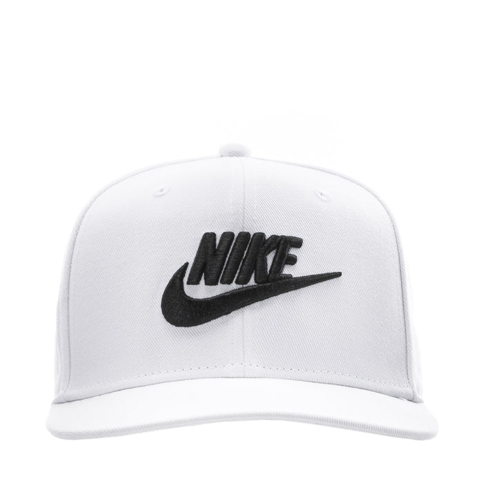 White snapback cap with black Nike logo on front