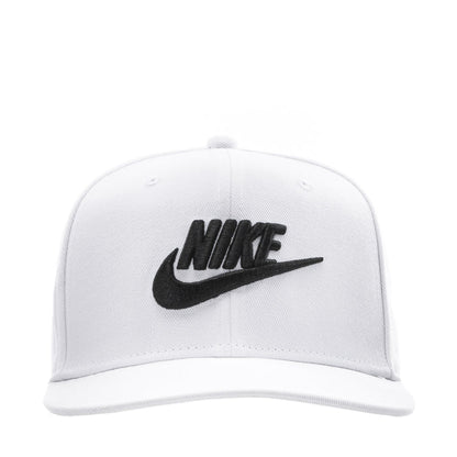 White snapback cap with black Nike logo on front