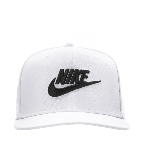 White snapback cap with black Nike logo on front