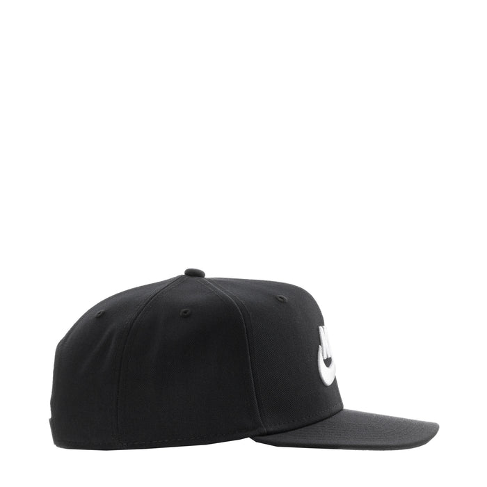 Black Nike snapback cap, side view with white Swoosh