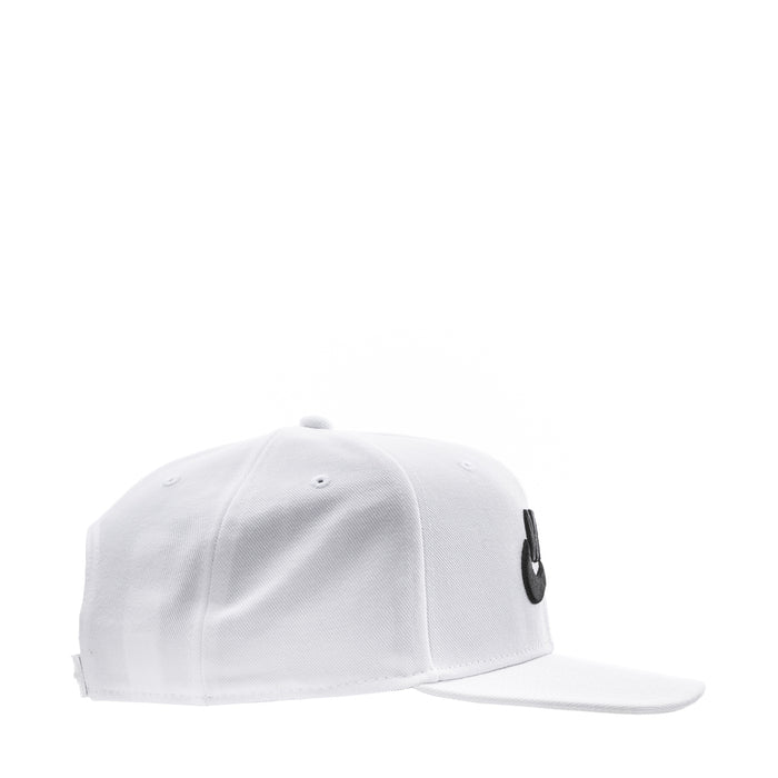 White snapback cap with black logo on side panel