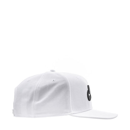 White snapback cap with black logo on side panel