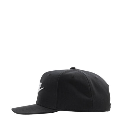 Black Nike snapback cap, three-quarter view with white Swoosh