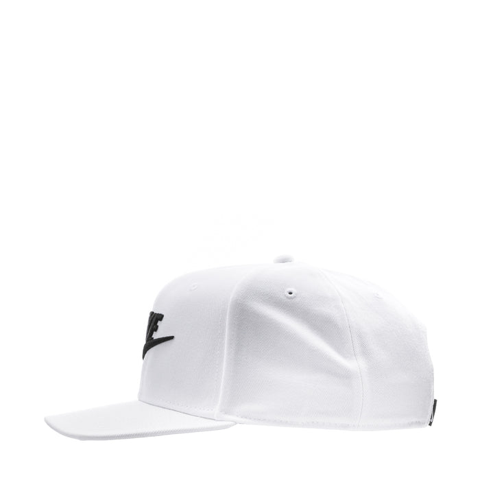 White snapback cap with black side logo and curved brim