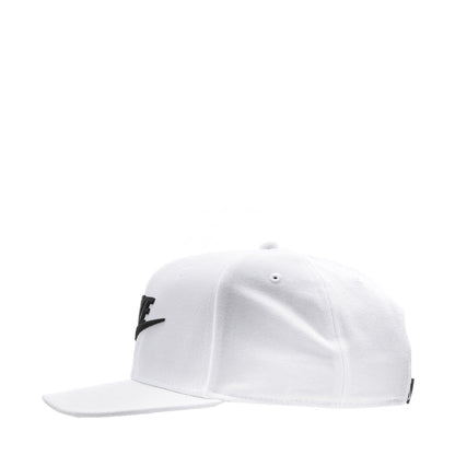 White snapback cap with black side logo and curved brim