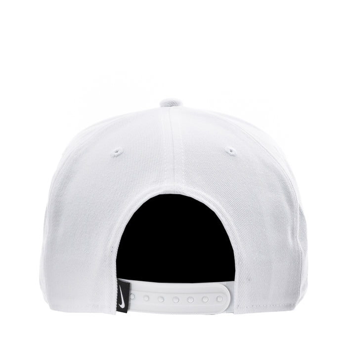 White snapback cap with interior strap and black underbrim