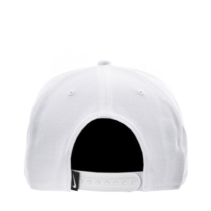 White snapback cap with interior strap and black underbrim