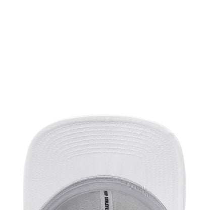White cap brim close-up with stitched texture detail