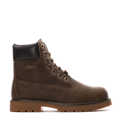 Men's Lugz work boot in brown suede with black collar, lace-up, gum outsole