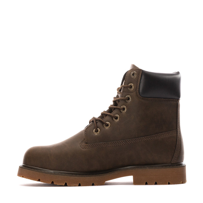 Men's Lugz work boot, brown suede with black ankle panel, lace-up, gum tread sole
