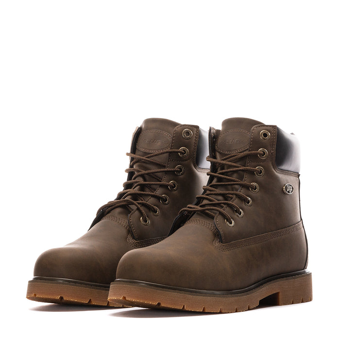Pair of men's Lugz lace-up work boots in brown with black panels, gum soles