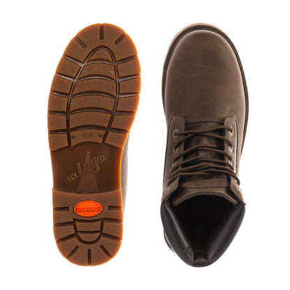 Lugz work boot outsole and top view, brown upper with black interior lining