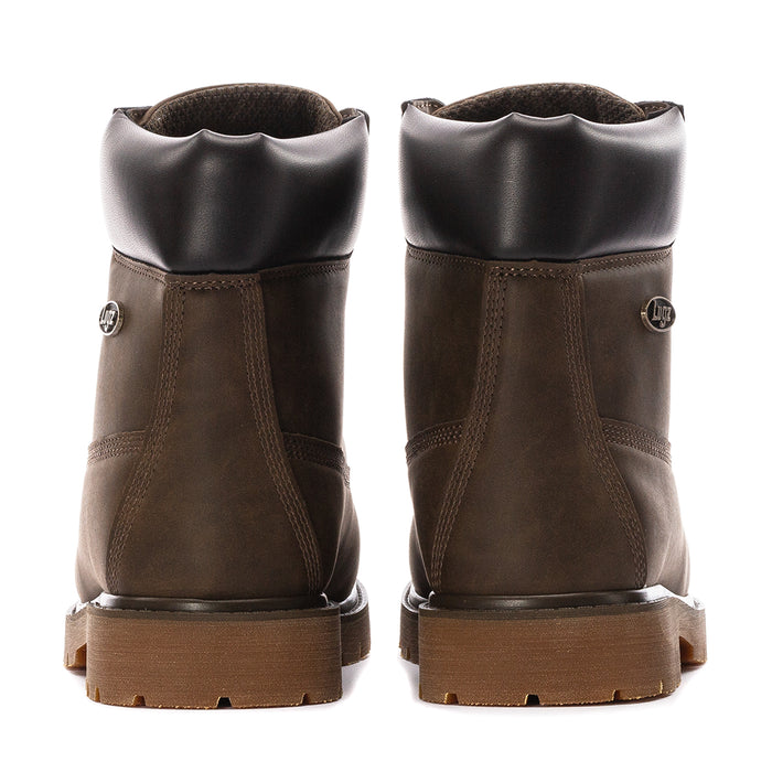 Men's Lugz work boots back view, brown suede with black heel collar, gum tread soles