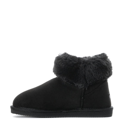 Kids black low ankle boot with thick faux-fur collar and side seam detail