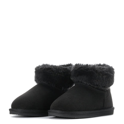 Pair of kids black low boots with plush faux-fur cuffs
