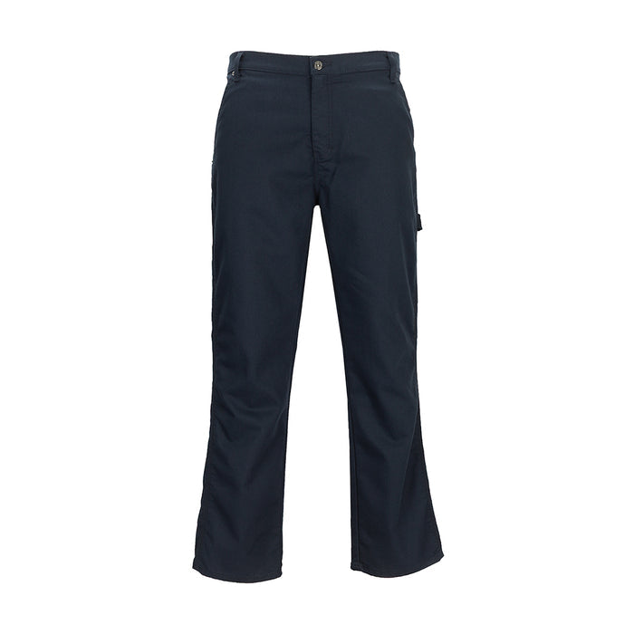 Mens carpenter pants in dark blue, flat front with button closure and belt loops
