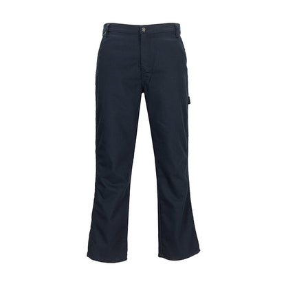 Mens carpenter pants in dark blue, flat front with button closure and belt loops