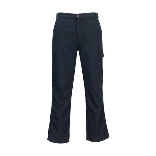Mens carpenter pants in dark blue, flat front with button closure and belt loops