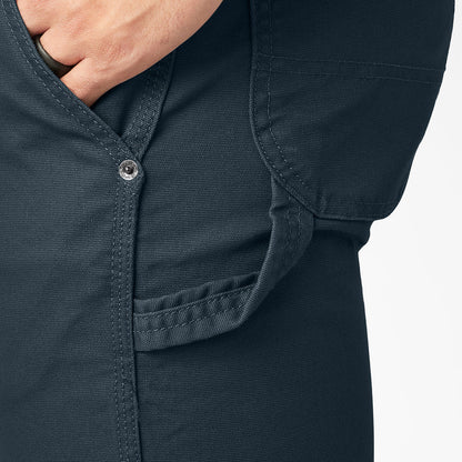 Mens dark blue carpenter pants, front pocket and button detail close-up