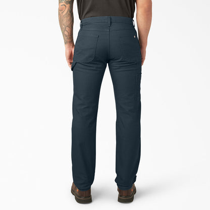 Mens dark blue carpenter pants, back view with belt loops and rear pockets