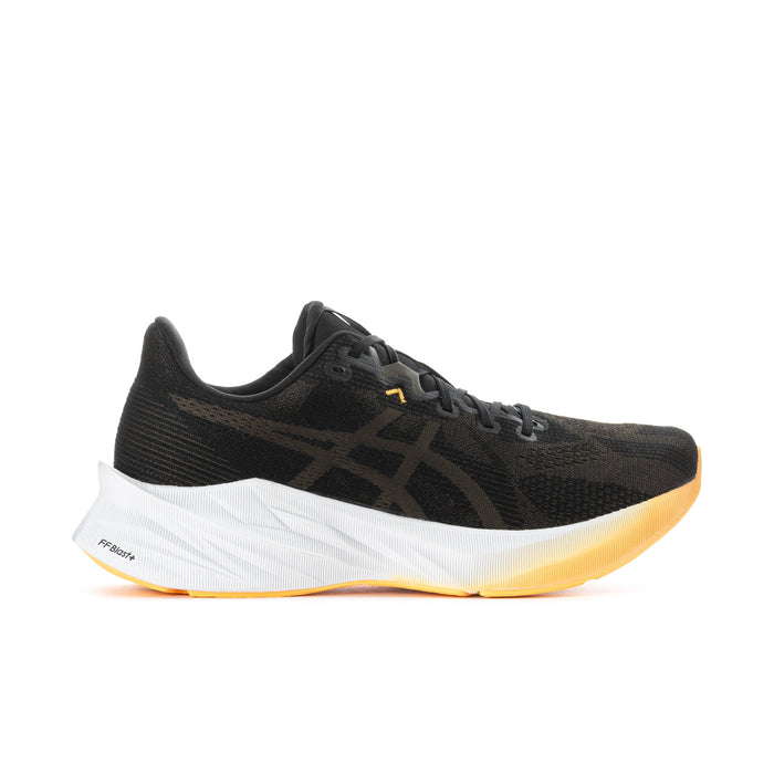 Men's black running shoes with white sole and orange accent logo