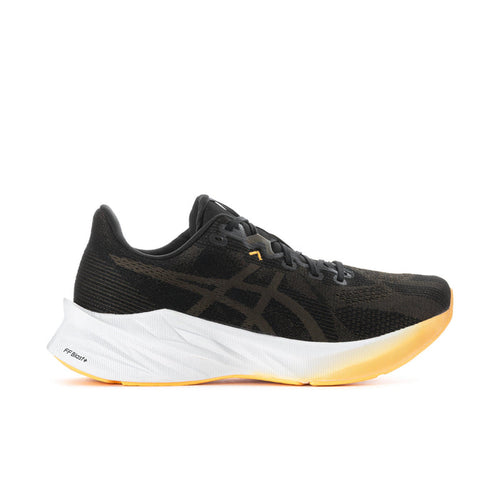 Men's black running shoes with white sole and orange accent logo