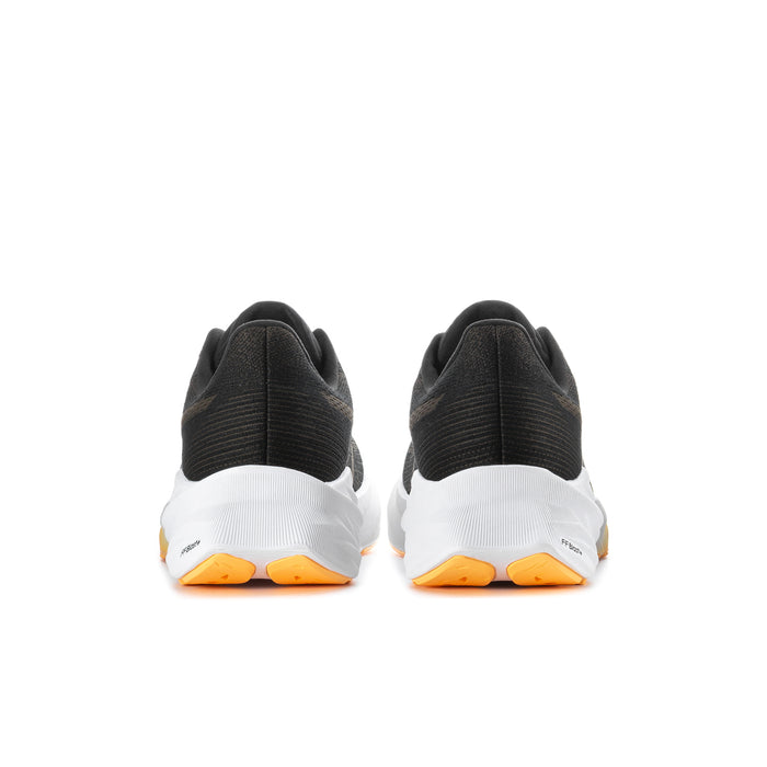 Men's black running shoes rear view with white heel and orange outsole accents