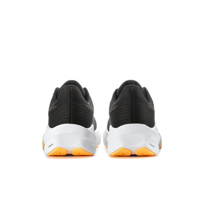 Men's black running shoes rear view with white heel and orange outsole accents