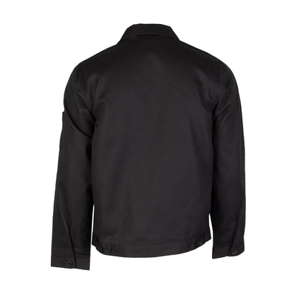 Men's black Eisenhower jacket, back view with stand collar and full-zip