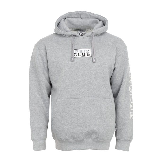 Men's grey hoodie with embroidered box logo, drawstring hood and kangaroo pocket