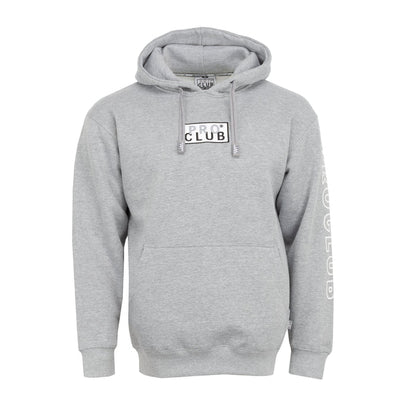 Men's grey hoodie with embroidered box logo, drawstring hood and kangaroo pocket