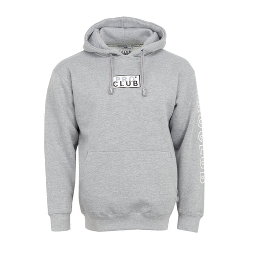 Men's grey hoodie with embroidered box logo, drawstring hood and kangaroo pocket