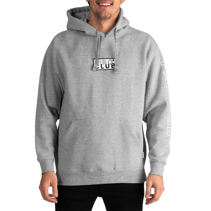 Men's grey pullover hoodie with embroidered box logo and kangaroo pocket