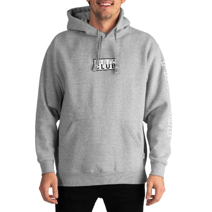 Men's grey pullover hoodie with embroidered box logo and kangaroo pocket