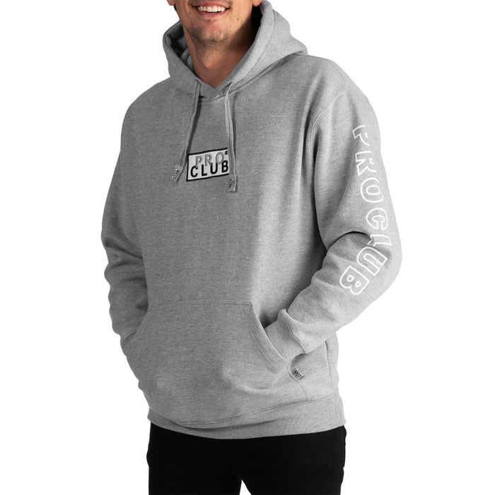 Men's grey hoodie with embroidered box logo and sleeve logo graphic, drawstring hood