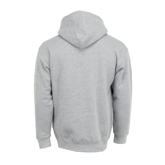 Men's grey hoodie back view with hood, kangaroo pocket, and ribbed cuffs
