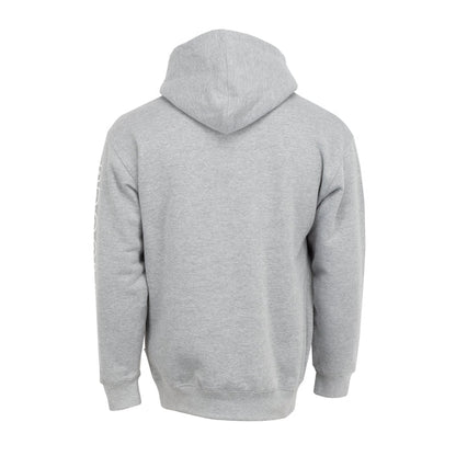 Men's grey hoodie back view with hood, kangaroo pocket, and ribbed cuffs