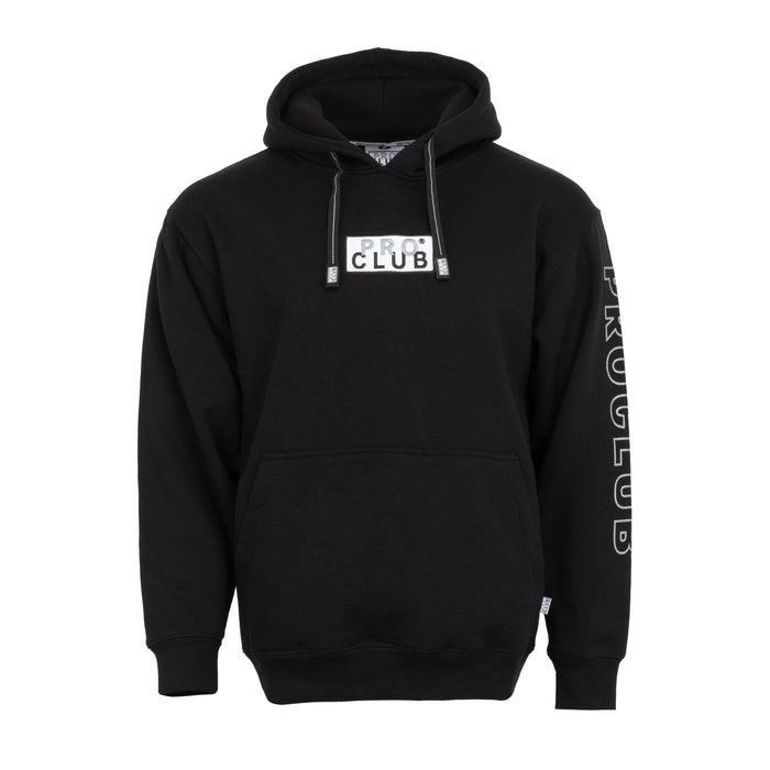 Black men's pullover hoodie with embroidered front logo patch and drawstring hood