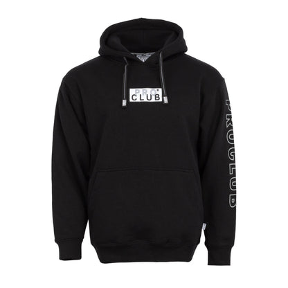 Black men's pullover hoodie with embroidered front logo patch and drawstring hood