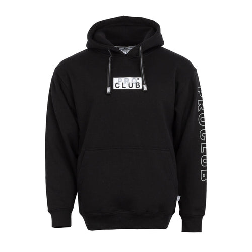 Black men's pullover hoodie with embroidered front logo patch and drawstring hood