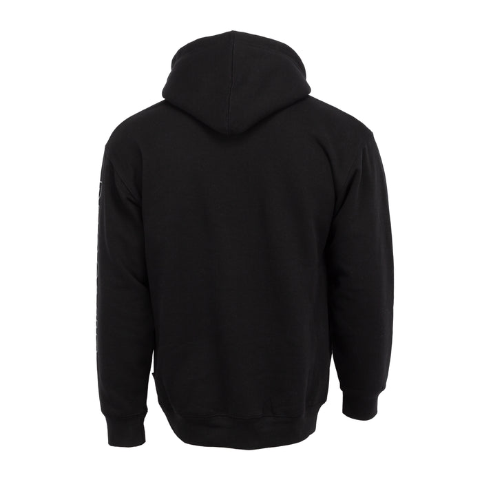 Black men's pullover hoodie with plain back, adjustable hood, and ribbed cuffs