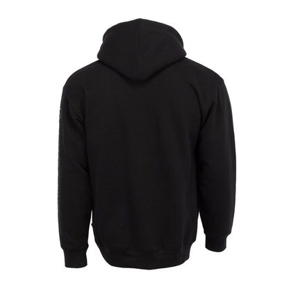 Black men's pullover hoodie with plain back, adjustable hood, and ribbed cuffs